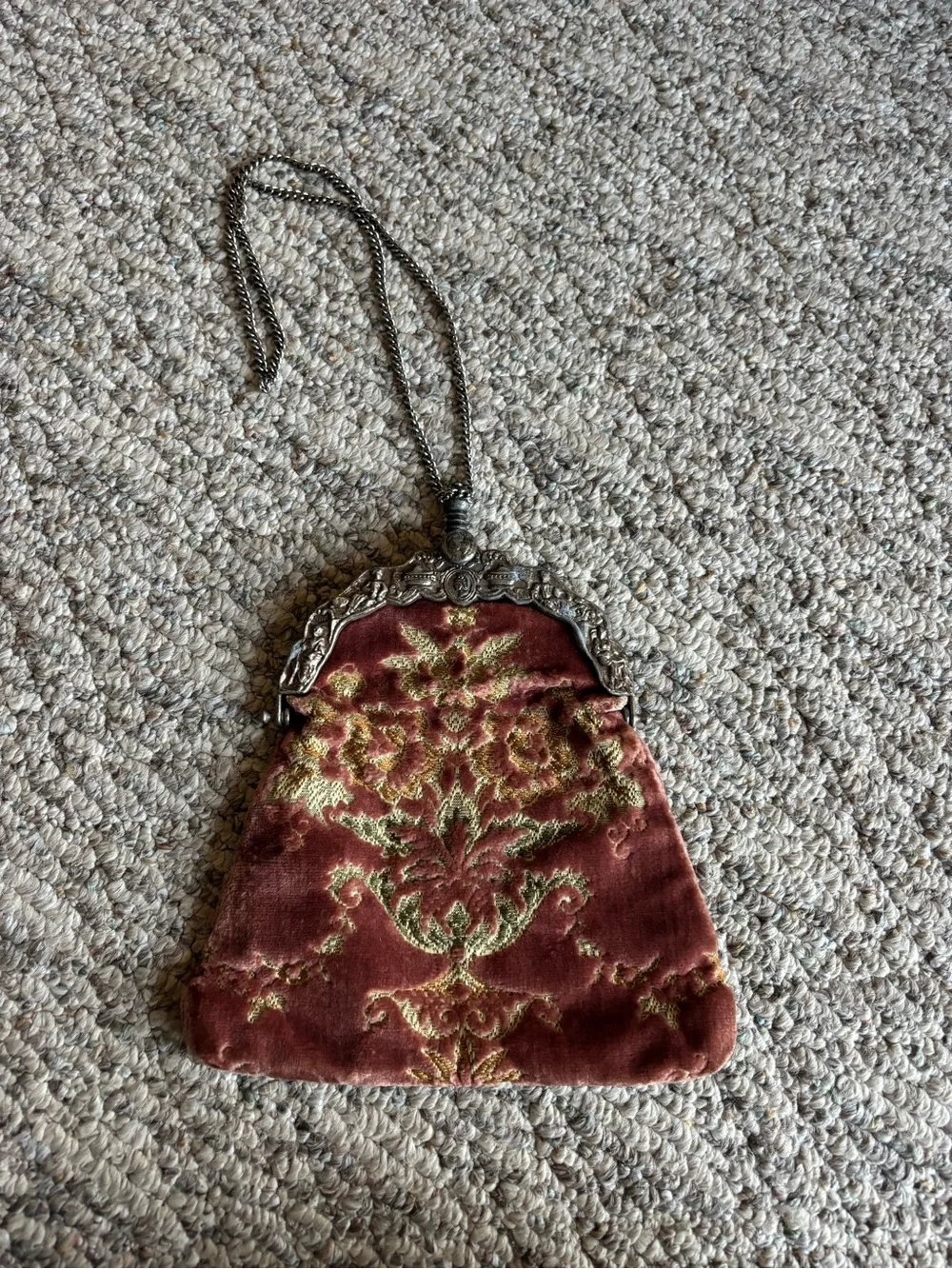 1920’s Vintage-Inspired Pink Velvet Embroidered Evening Bag with Pewter Frame